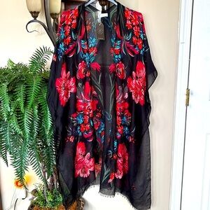 Brand New Janice Apparel Black & Red Floral Kimono Duster Swim Cover Up